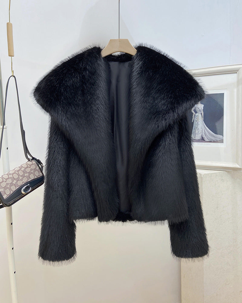 Wide Collar Cropped Faux Fur Coat - black - 1