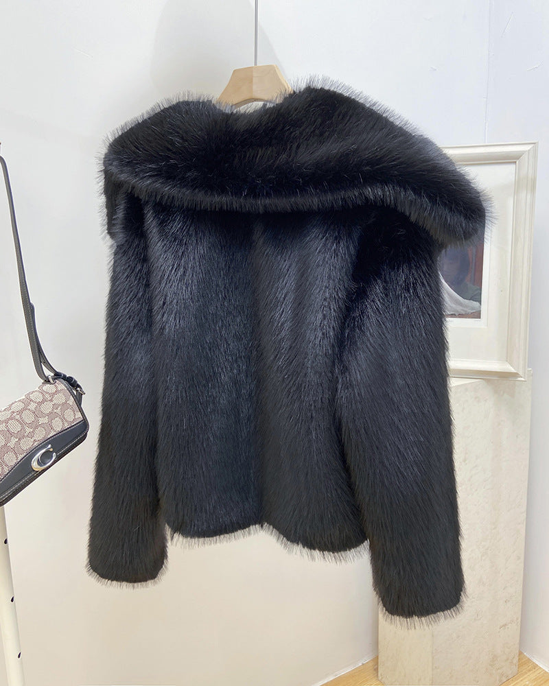 Wide Collar Cropped Faux Fur Coat - black - 2