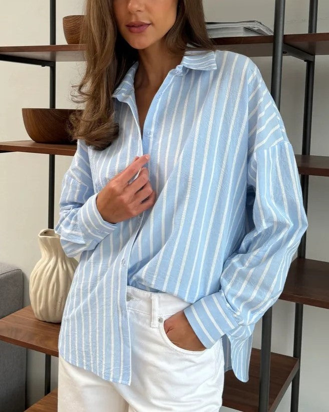 Oversized Striped Long Sleeve Shirt - Blue
