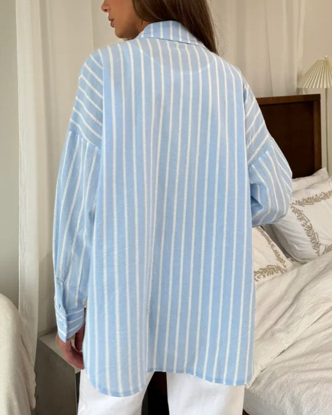 Oversized Striped Long Sleeve Shirt - Blue - 1