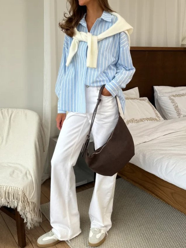 Oversized Striped Long Sleeve Shirt - Blue - 2