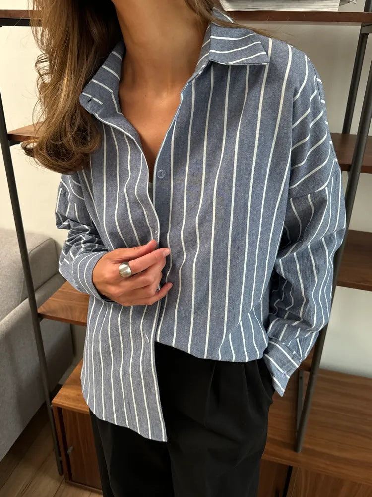 Oversized Striped Long Sleeve Shirt - BlueGray