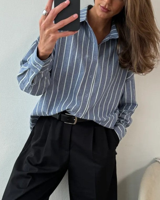Oversized Striped Long Sleeve Shirt - BlueGray - 1