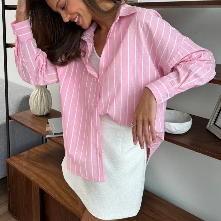 Oversized Striped Long Sleeve Shirt - Pink - 2