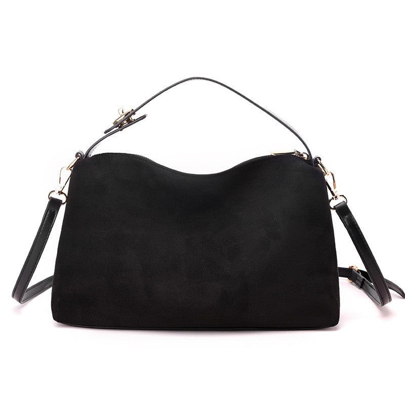 Slouchy Faux Suede Shoulder Bag with Crossbody Strap - Black