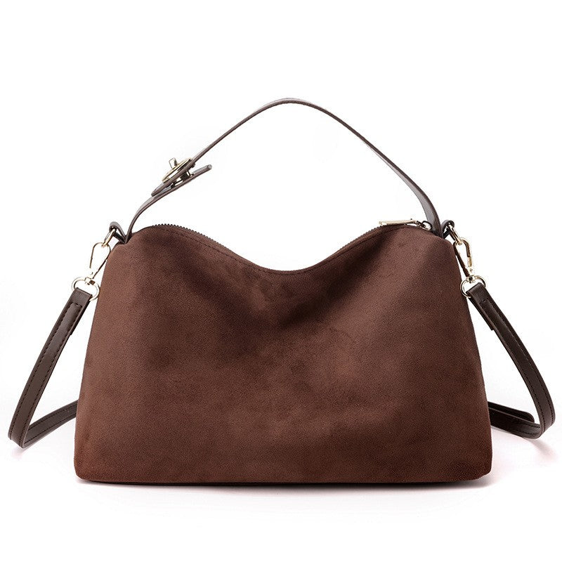 Slouchy Faux Suede Shoulder Bag with Crossbody Strap - Chocolate