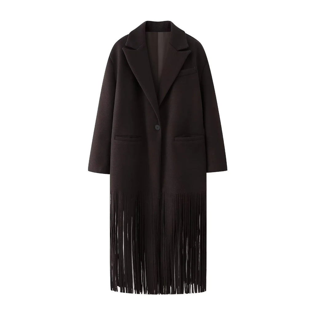Fringe Hem Longline Lapel Coat - Coffee