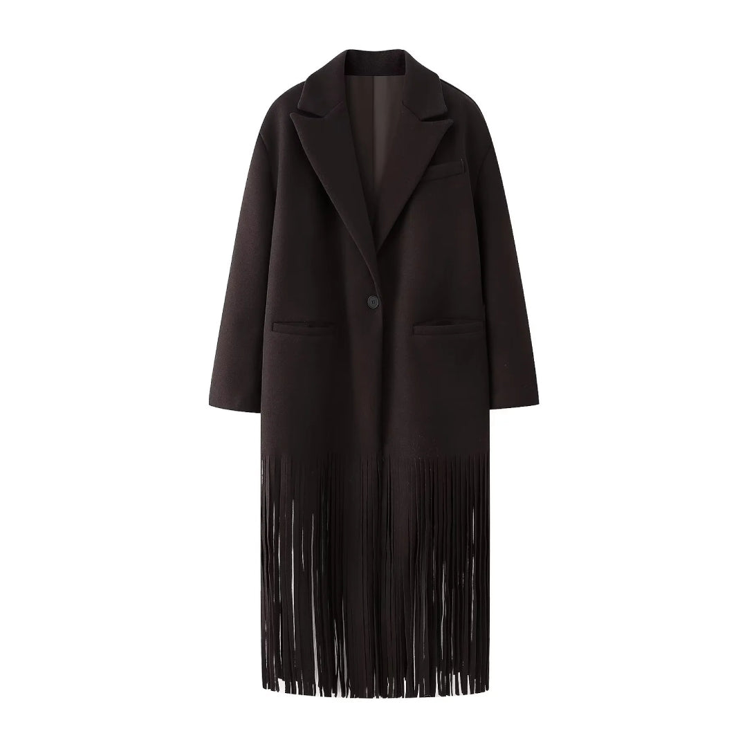 Fringe Hem Longline Lapel Coat - Coffee