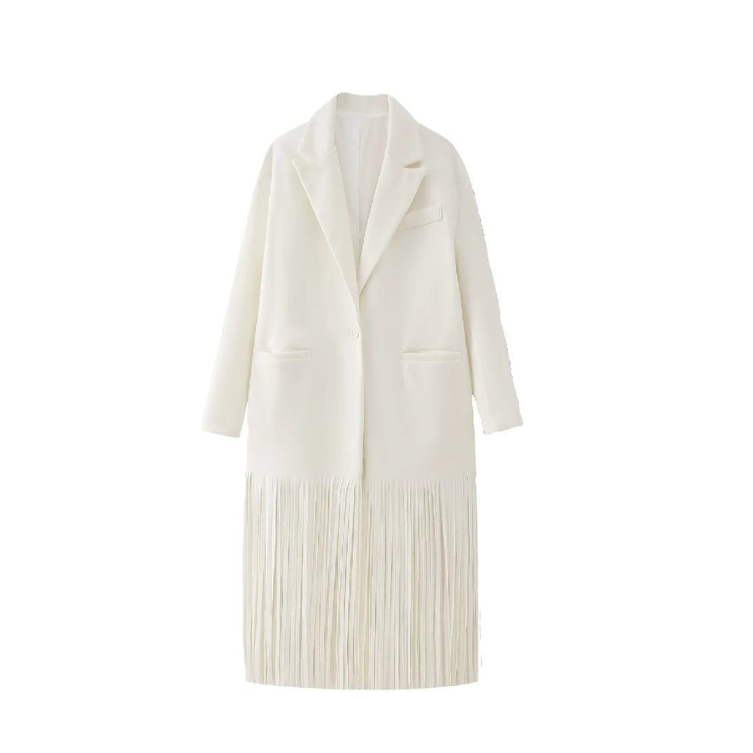 Fringe Hem Longline Lapel Coat - White