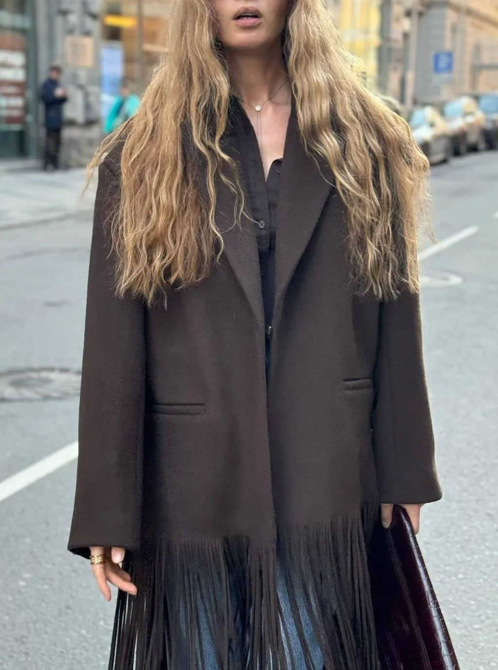 Fringe Hem Longline Lapel Coat