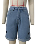 Heart Print Rolled Hem Denim Shorts - Blue