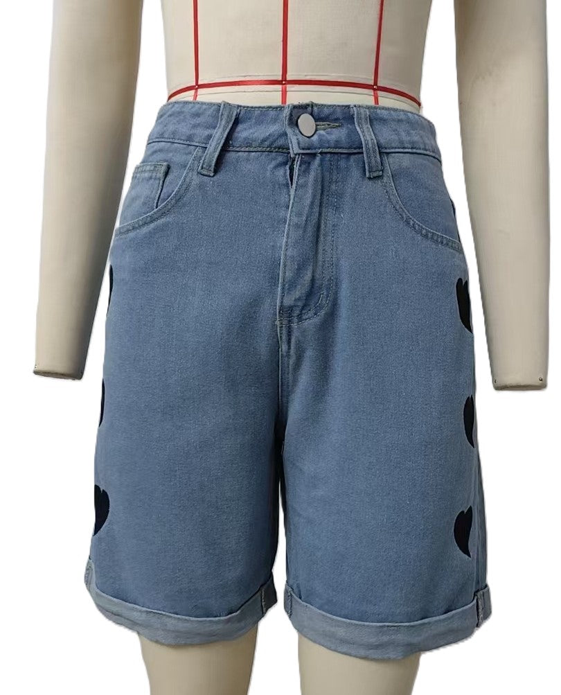 Heart Print Rolled Hem Denim Shorts - Blue