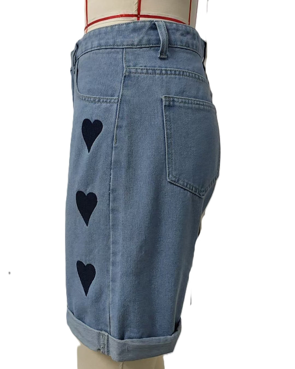Heart Print Rolled Hem Denim Shorts - Blue - 1