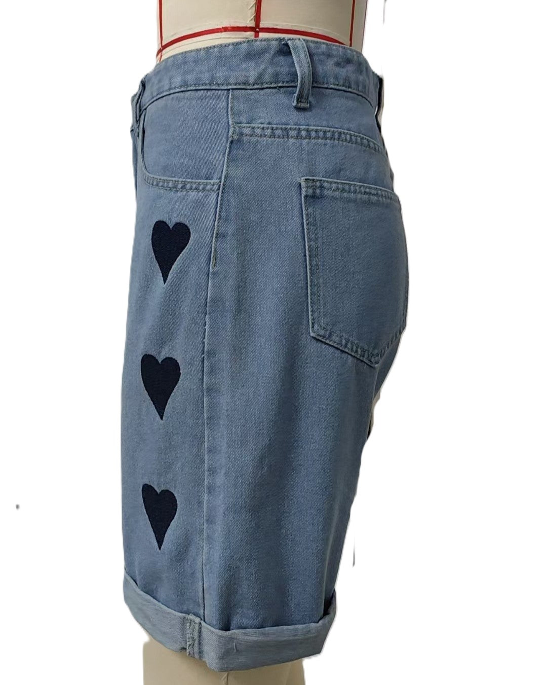 Heart Print Rolled Hem Denim Shorts - Blue - 1