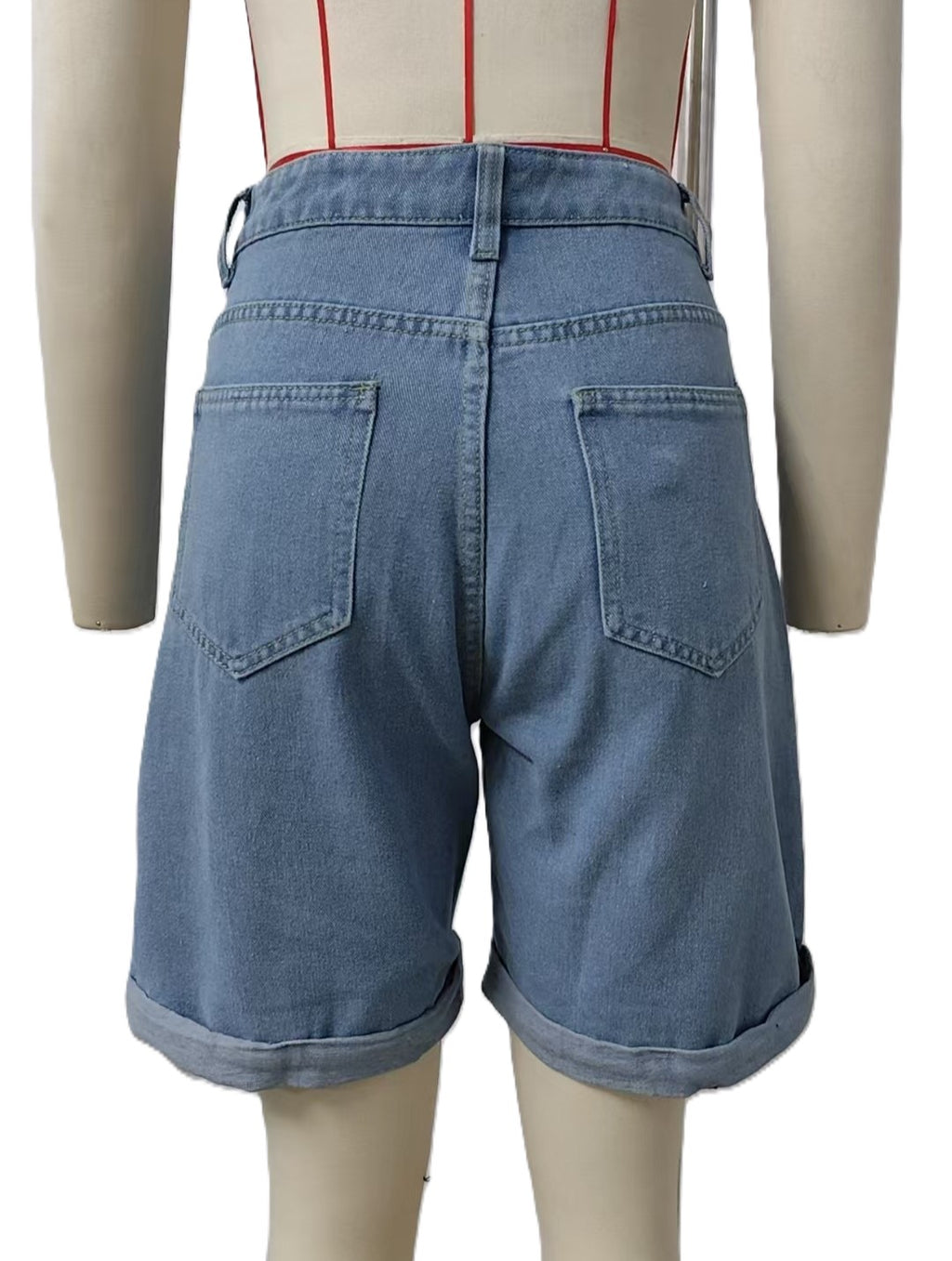 Heart Print Rolled Hem Denim Shorts - Blue - 2