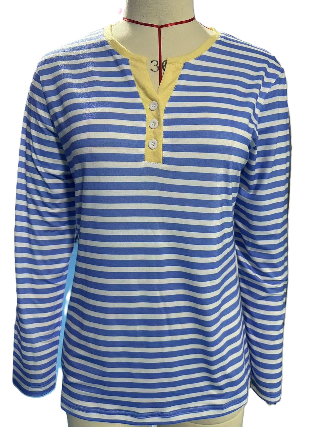 Striped Henley Contrast Placket Long Sleeve Top - Blue