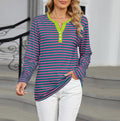 Striped Henley Contrast Placket Long Sleeve Top - Rosered