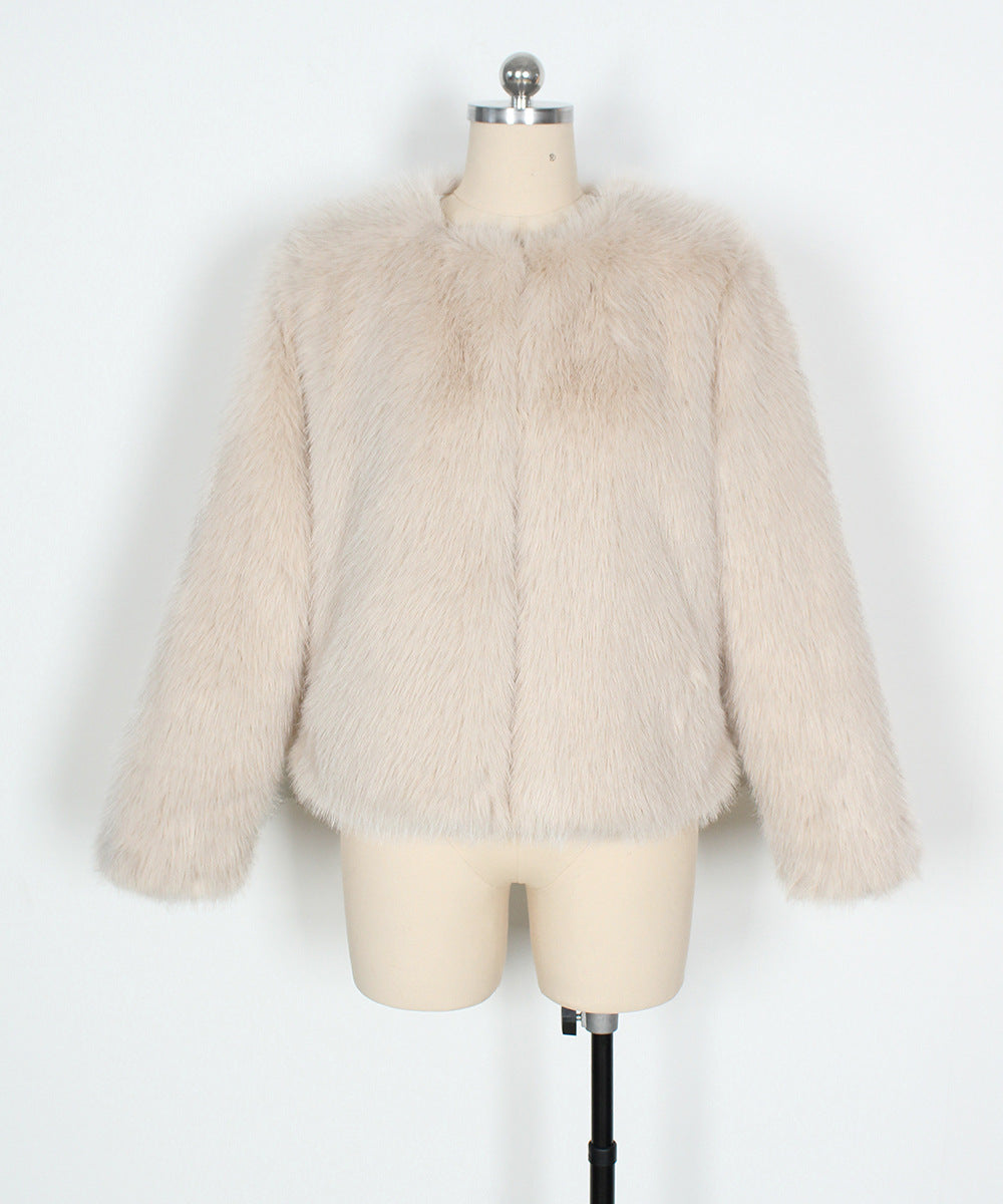 Boxy Cropped Faux Fur Round Neck Coat - Beige