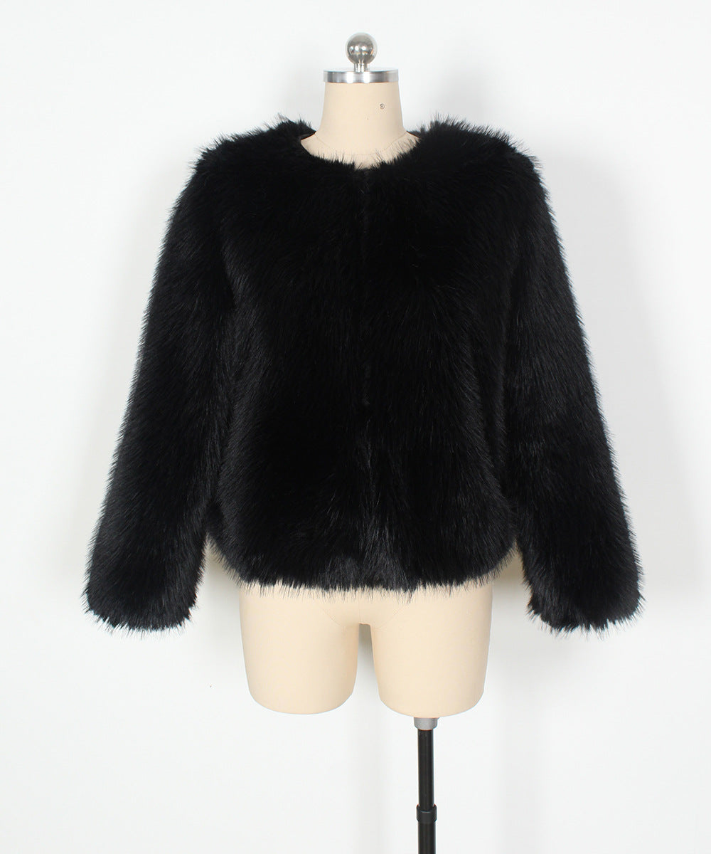 Boxy Cropped Faux Fur Round Neck Coat - Black