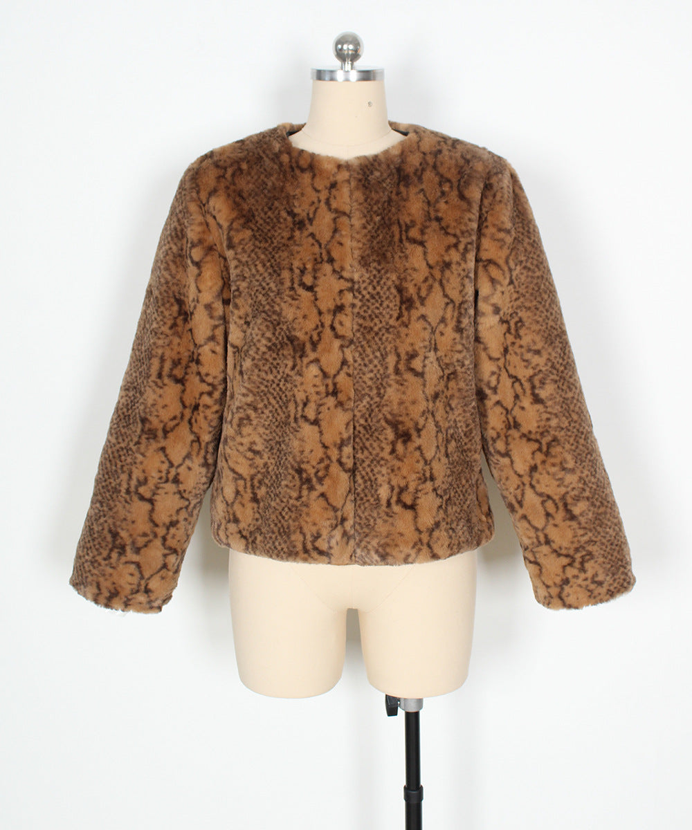 Boxy Cropped Faux Fur Round Neck Coat - Brown