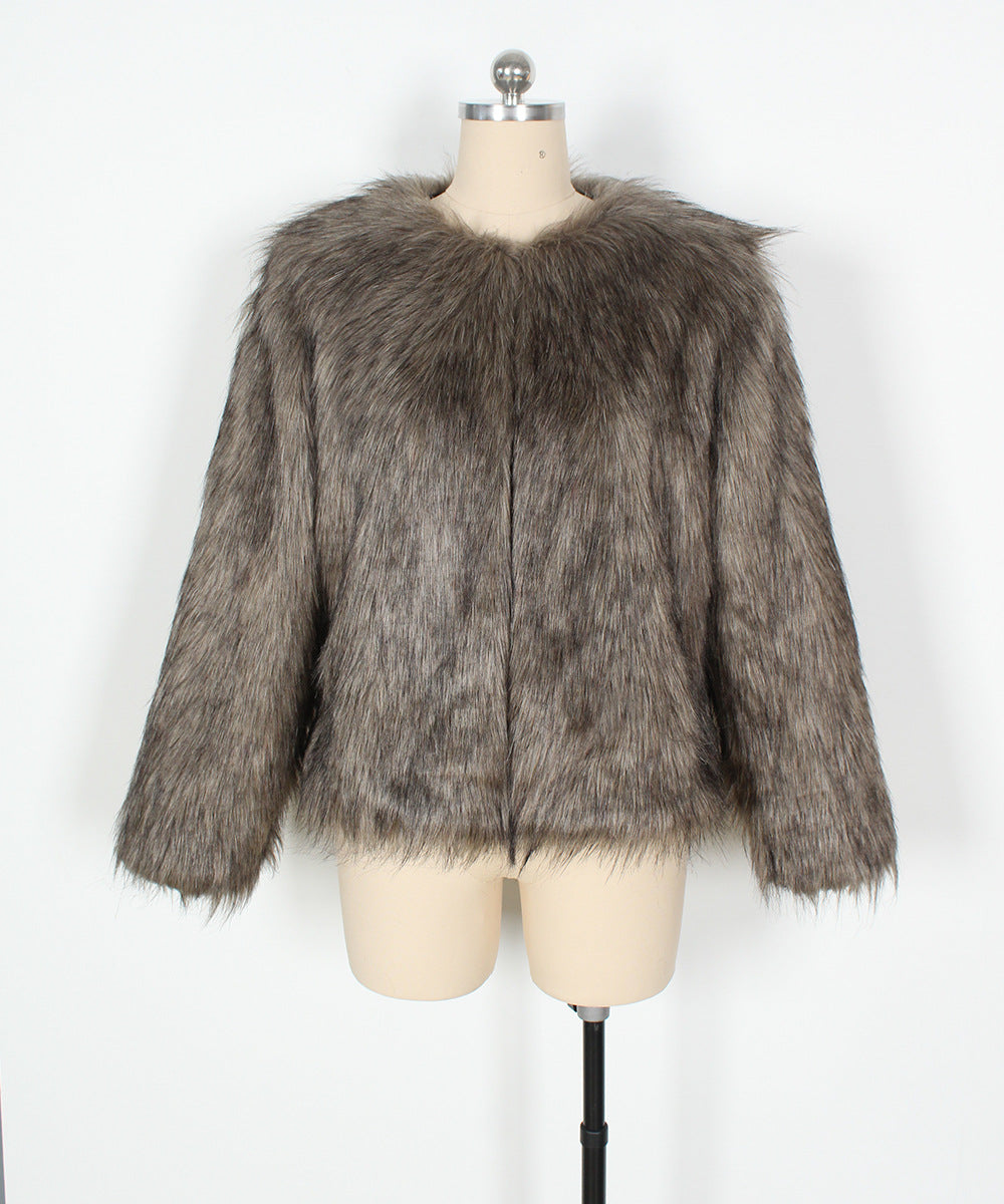 Boxy Cropped Faux Fur Round Neck Coat - Grey
