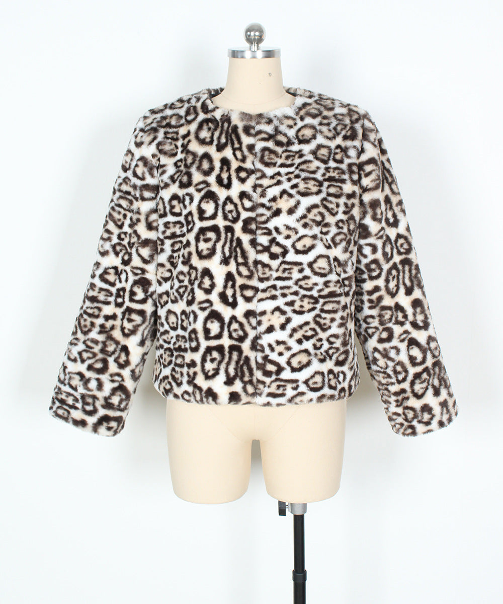 Boxy Cropped Faux Fur Round Neck Coat - Leopard