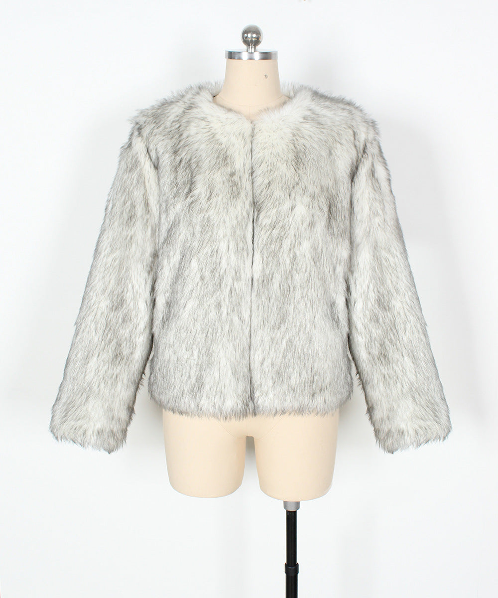 Boxy Cropped Faux Fur Round Neck Coat - White