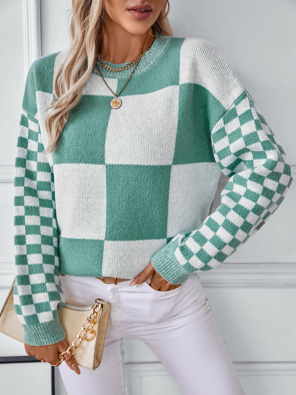 Mixed Scale Check Crewneck Knit Sweater - Green