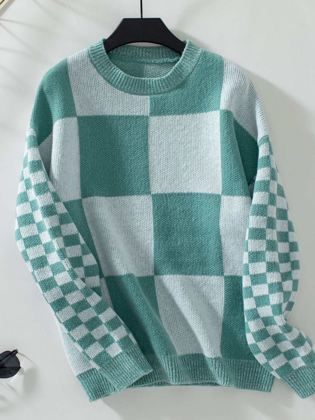Mixed Scale Check Crewneck Knit Sweater - Green - 1