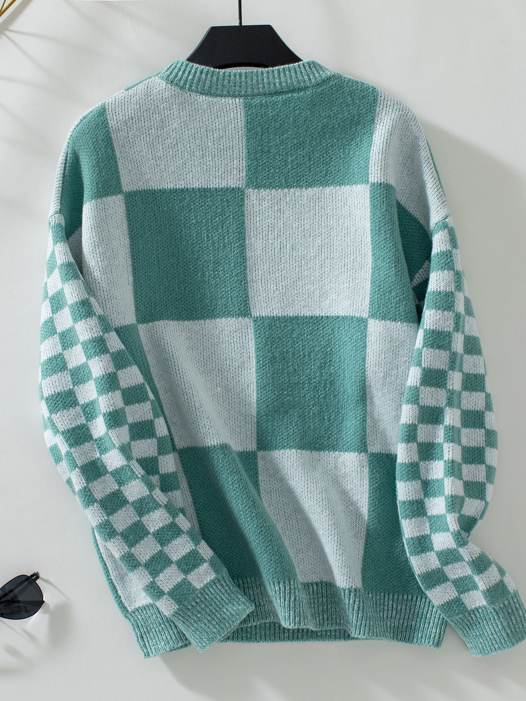 Mixed Scale Check Crewneck Knit Sweater - Green - 2
