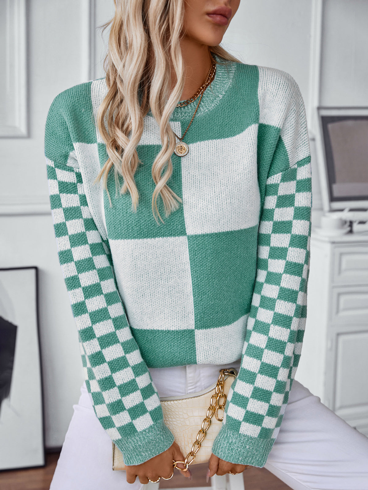 Mixed Scale Check Crewneck Knit Sweater - Green - 4