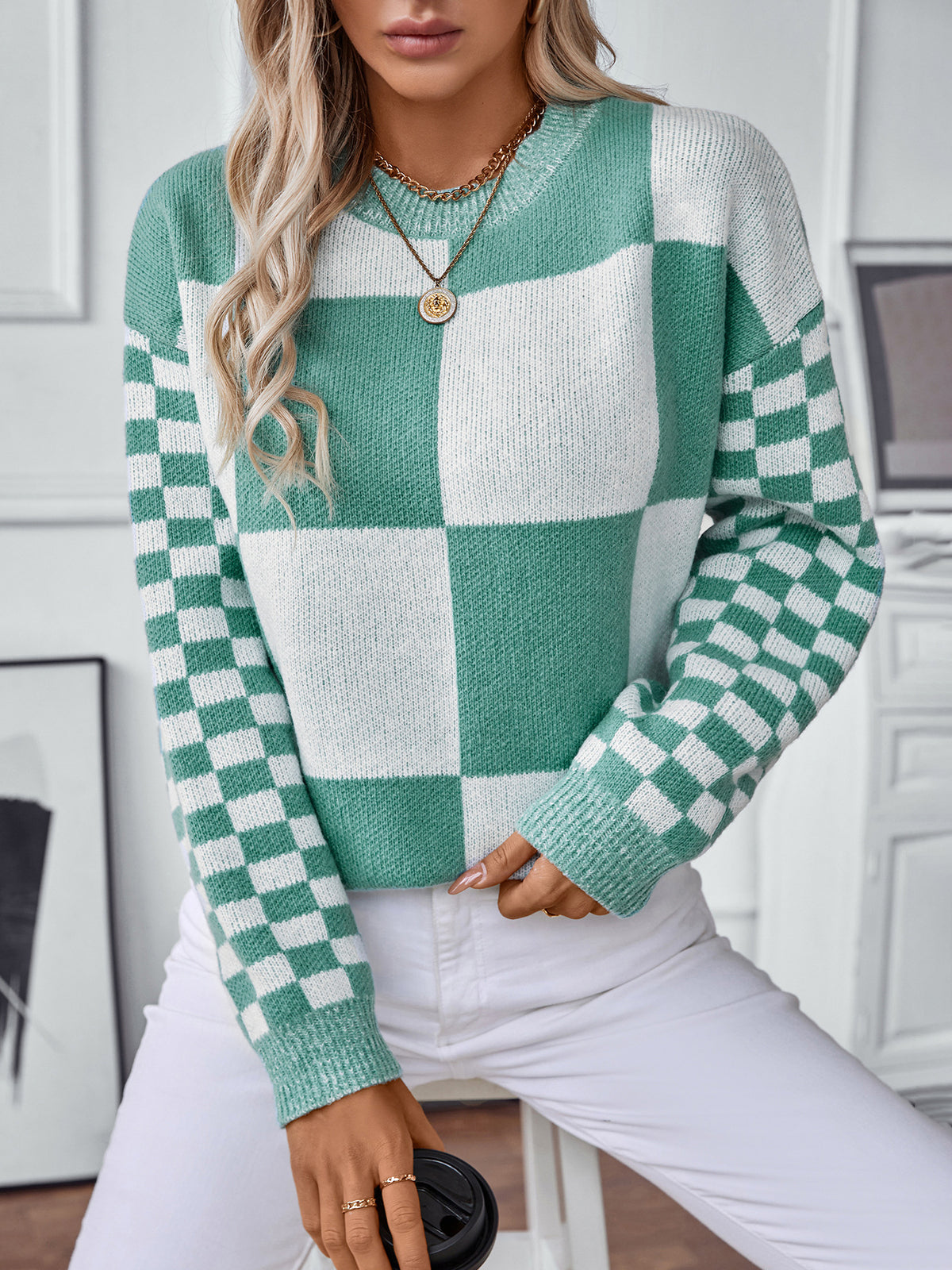 Mixed Scale Check Crewneck Knit Sweater - Green - 5