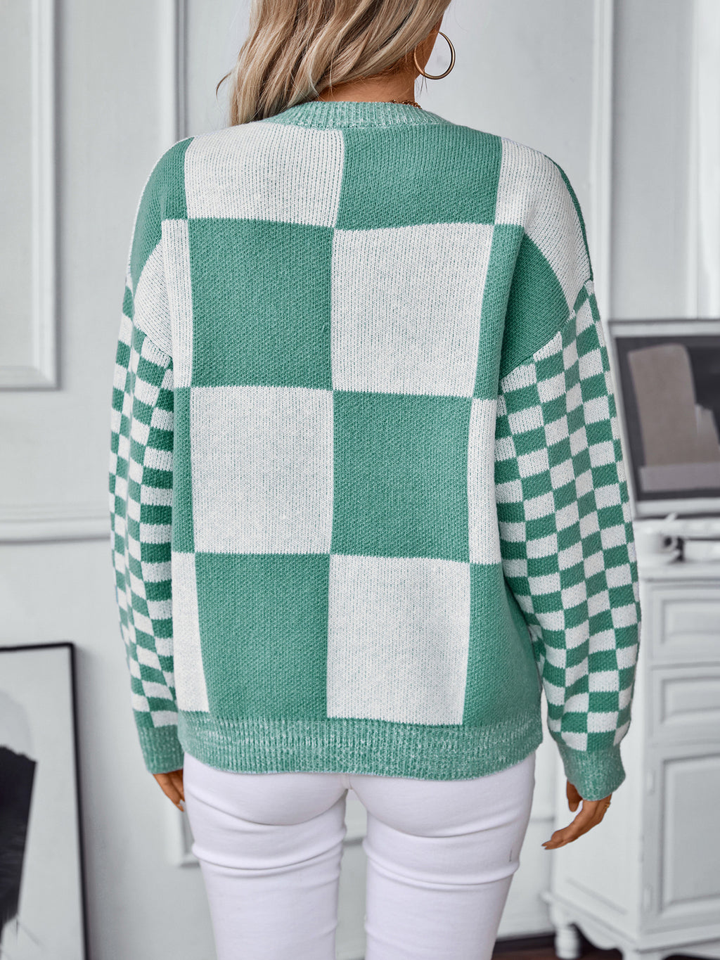 Mixed Scale Check Crewneck Knit Sweater - Green - 6
