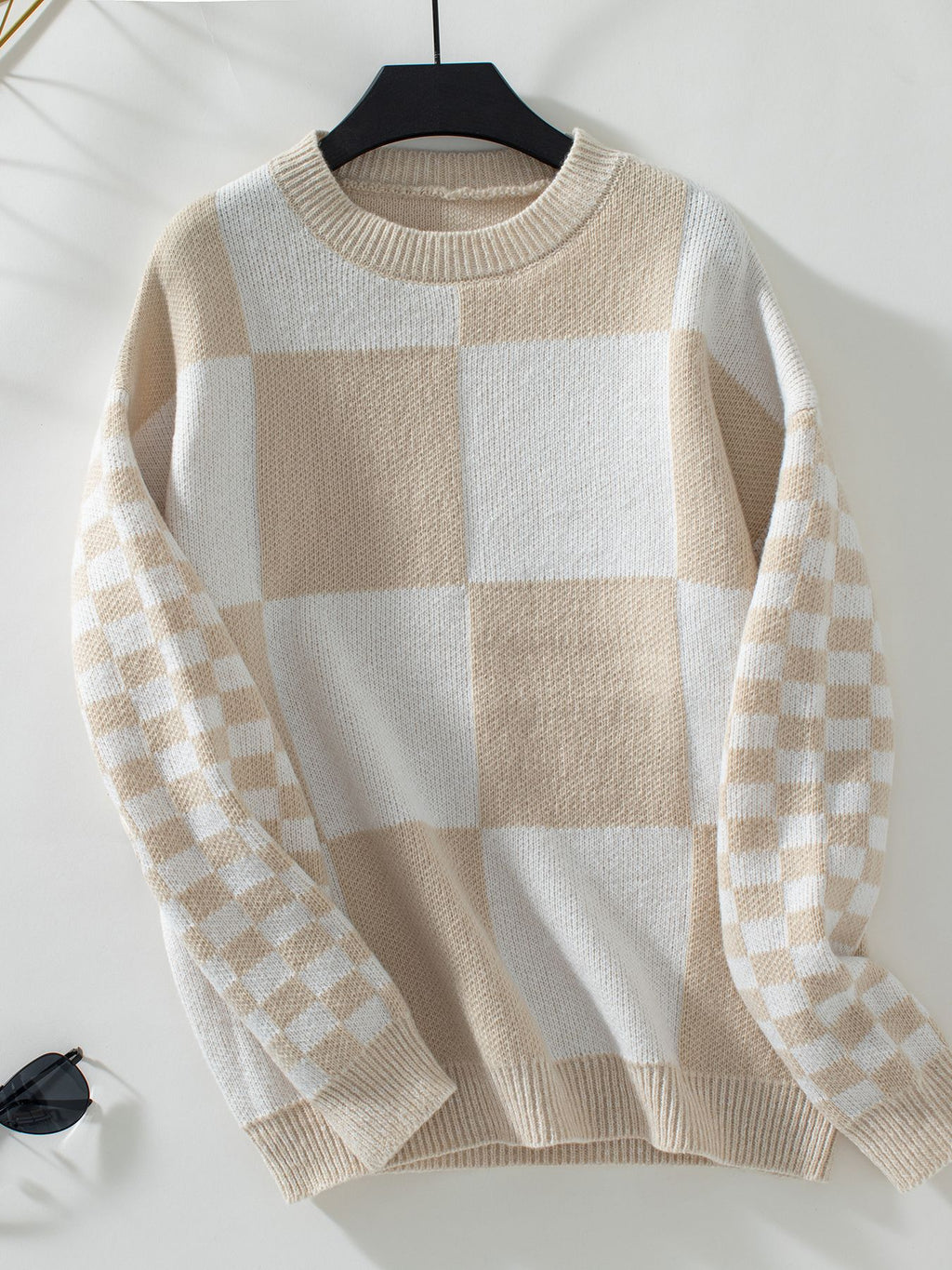 Mixed Scale Check Crewneck Knit Sweater - Khaki