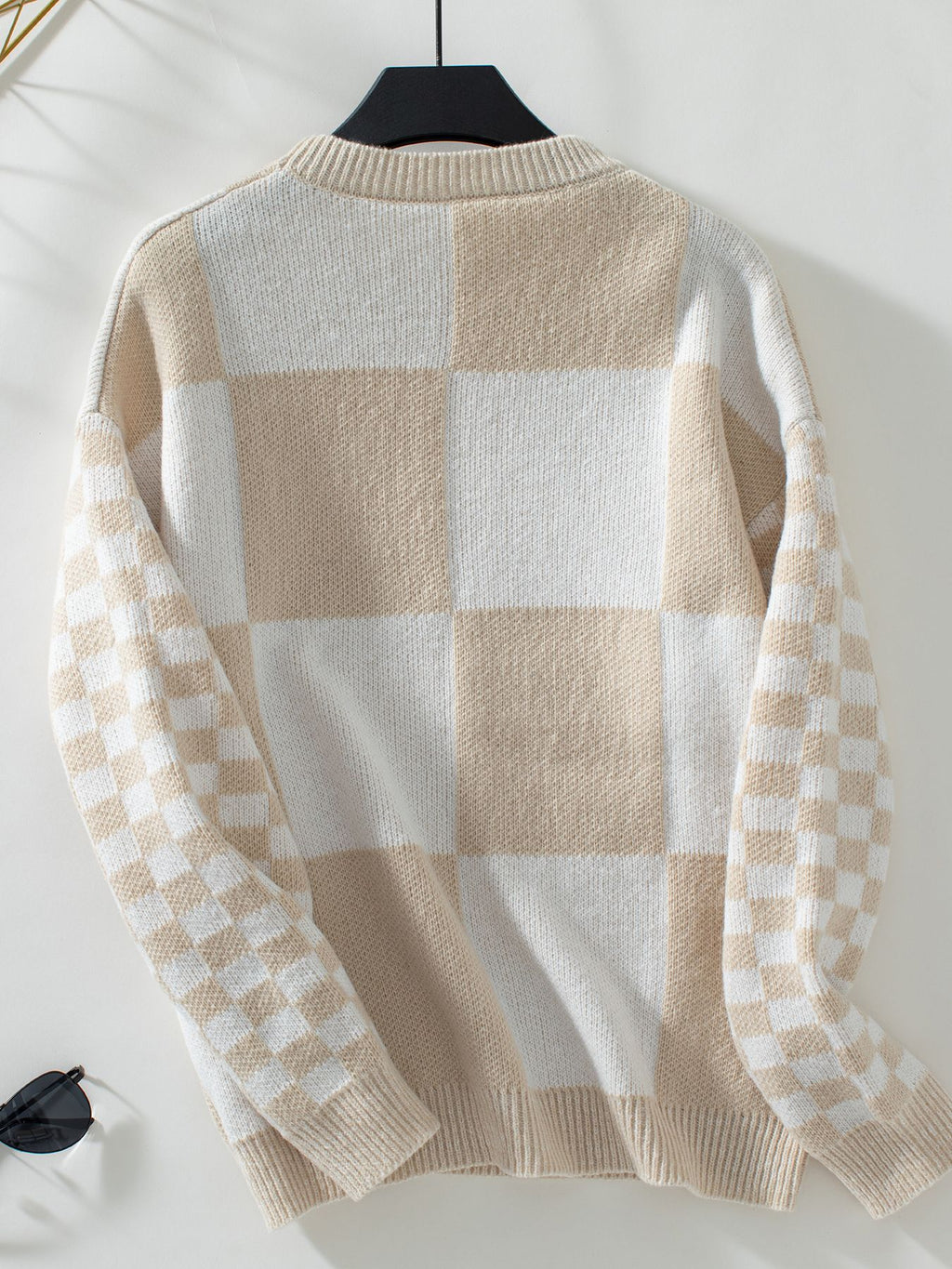 Mixed Scale Check Crewneck Knit Sweater - Khaki - 1
