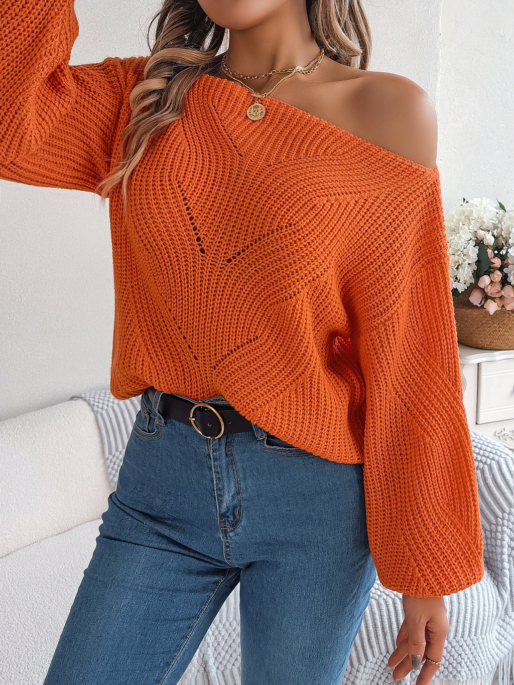 Chevron Knit One Shoulder Batwing Sweater - view 2