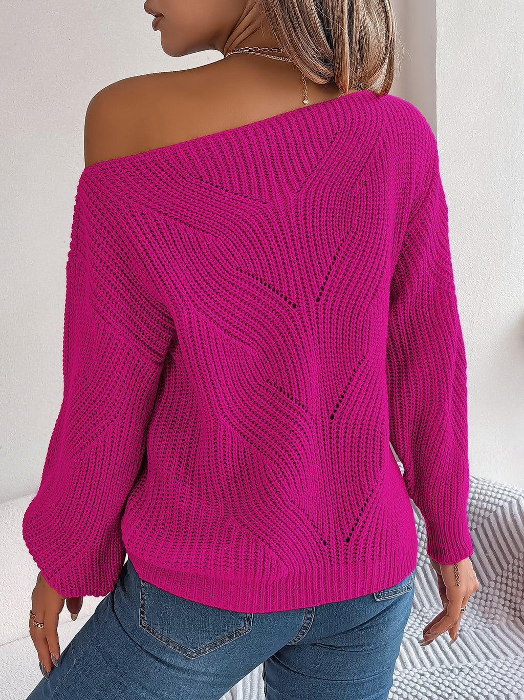 Chevron Knit One Shoulder Batwing Sweater - view 9