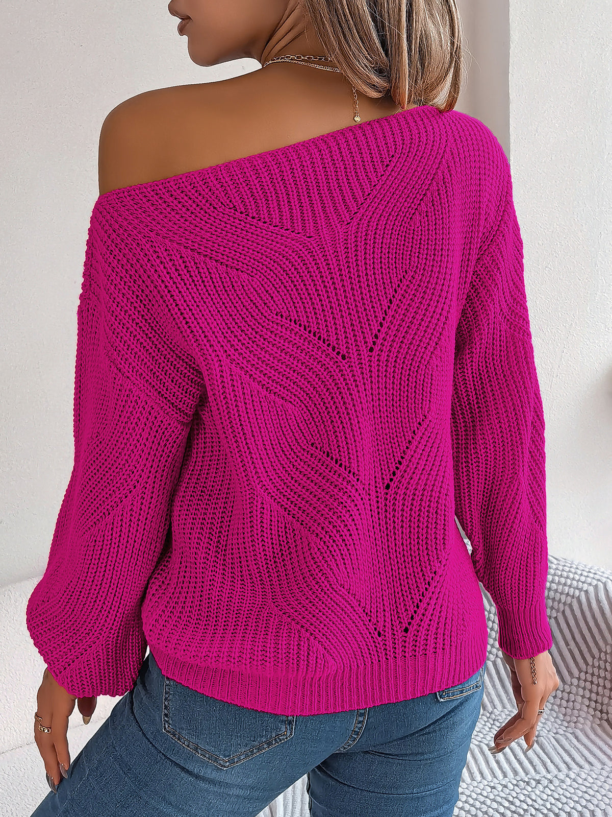 Chevron Knit One Shoulder Batwing Sweater - view 9