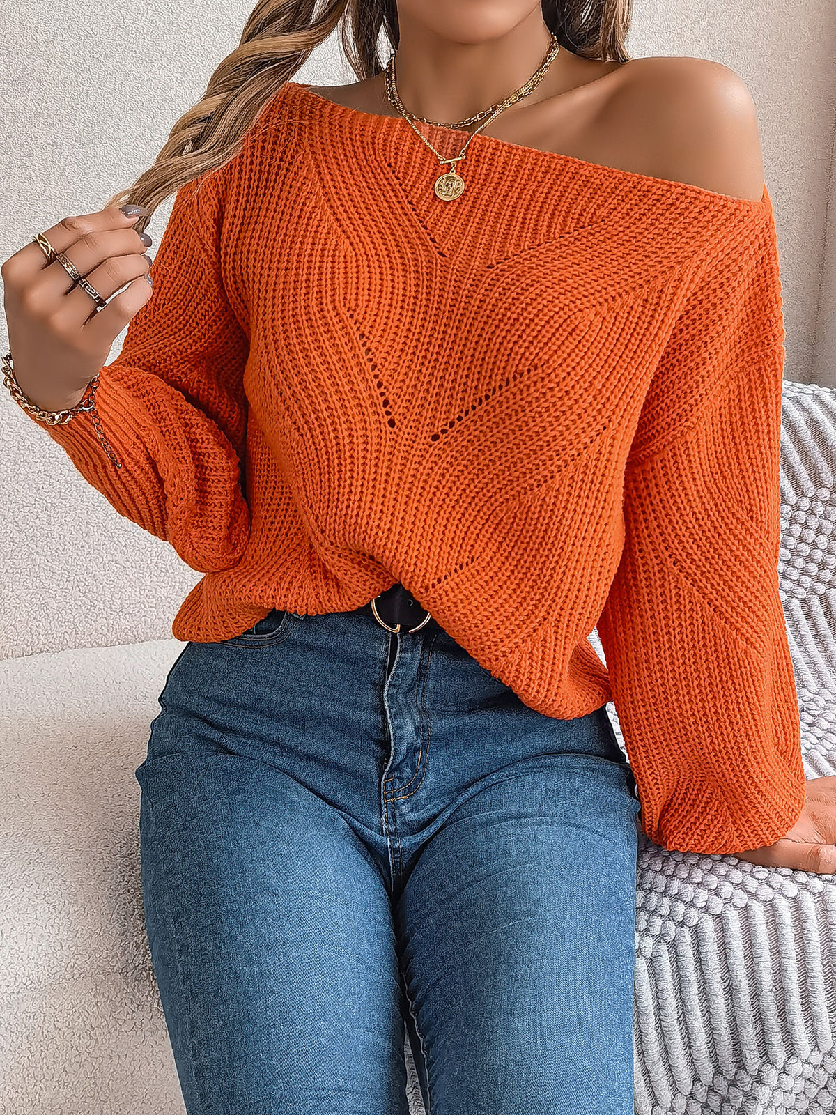 Chevron Knit One Shoulder Batwing Sweater - orange