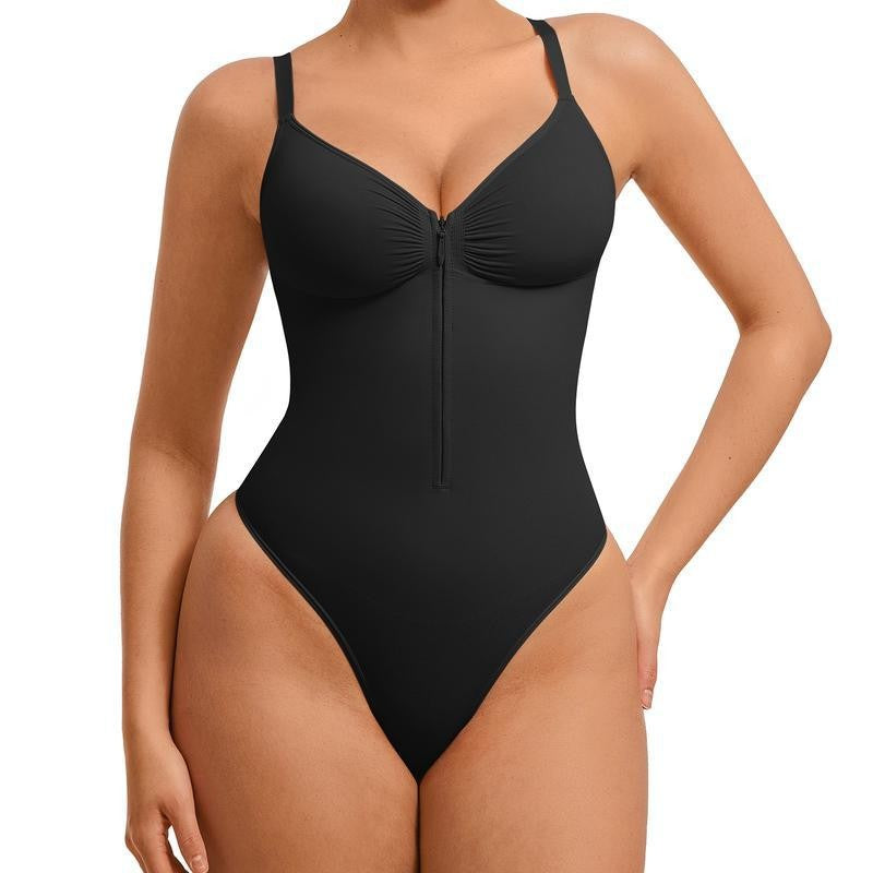 Zip Front V Neck Sculpting Thong Bodysuit