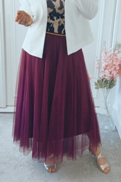 Airy Pleated Tulle Skirt In Twenty Colorways - Burgundy - 1