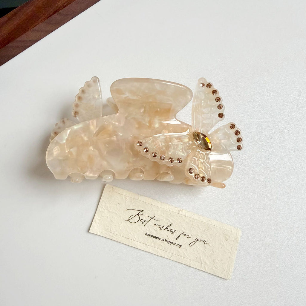 Butterfly Accent Marbled Hair Claw Clip - Apricot