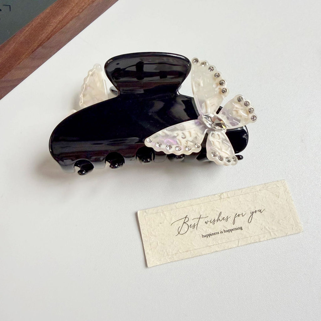 Butterfly Accent Marbled Hair Claw Clip - Black