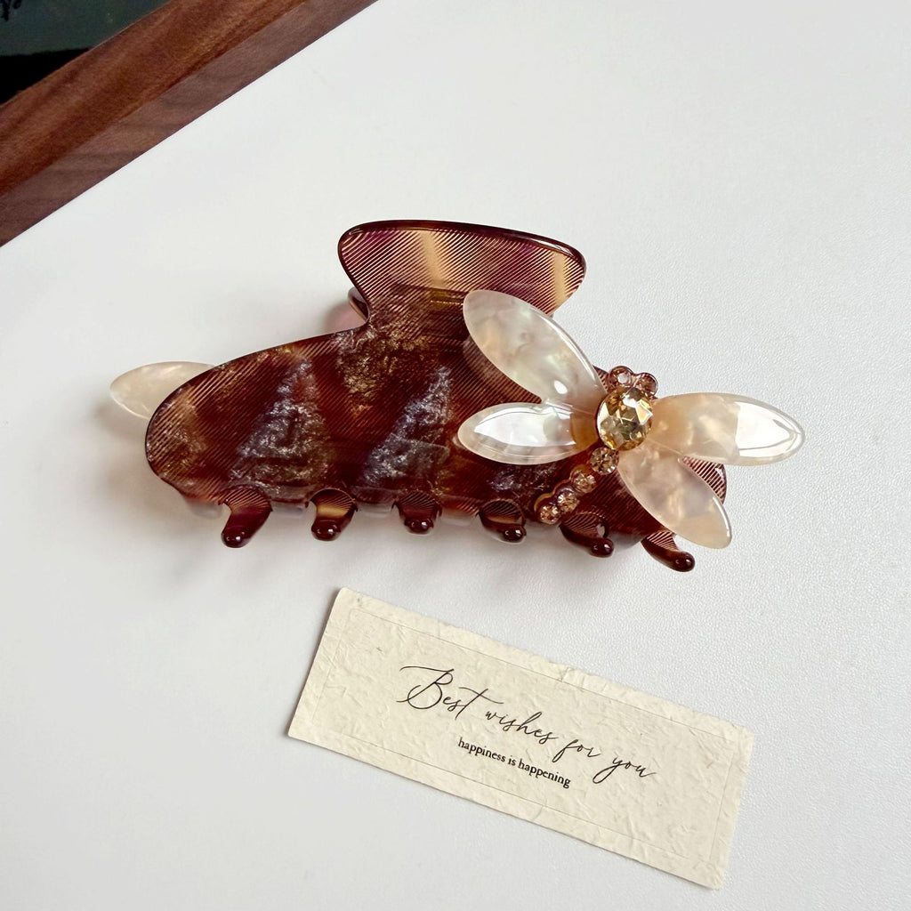 Butterfly Accent Marbled Hair Claw Clip - Red