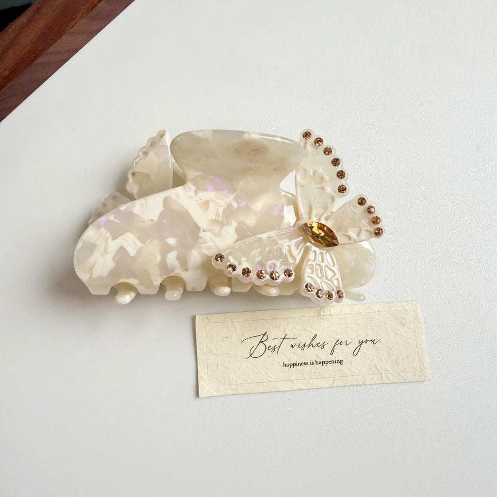 Butterfly Accent Marbled Hair Claw Clip - White