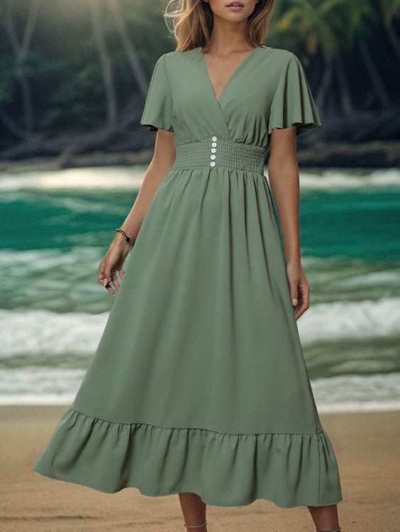 Flutter Sleeve Button Front Ruffle Maxi Dress - Green