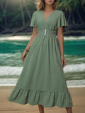 Flutter Sleeve Button Front Ruffle Maxi Dress - Green