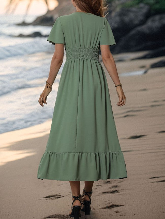Flutter Sleeve Button Front Ruffle Maxi Dress - Green - 1