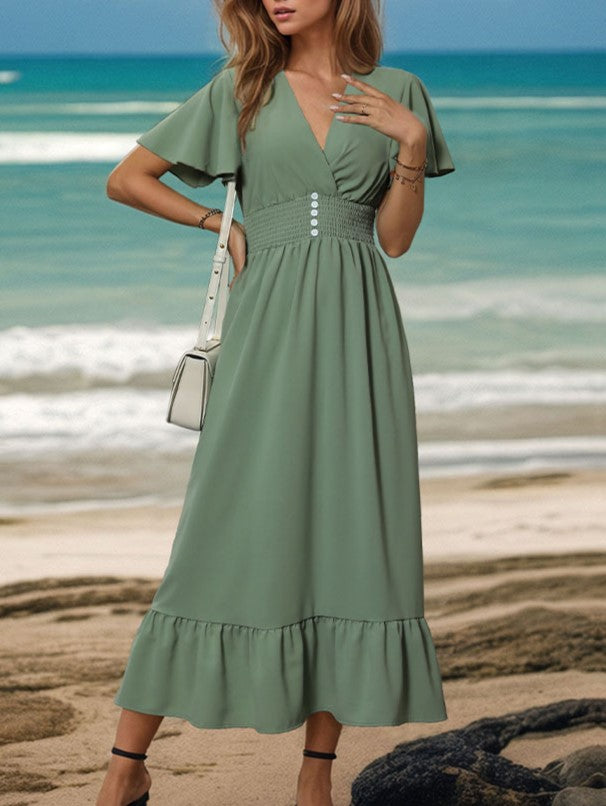 Flutter Sleeve Button Front Ruffle Maxi Dress - Green - 3