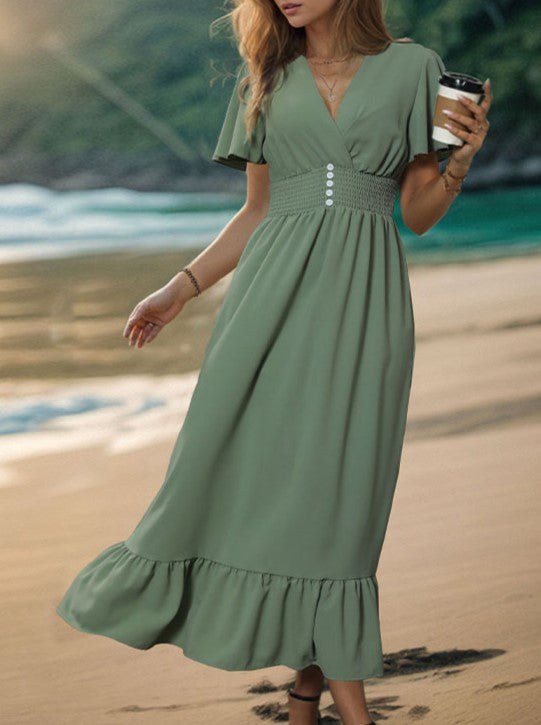 Flutter Sleeve Button Front Ruffle Maxi Dress - Green - 4